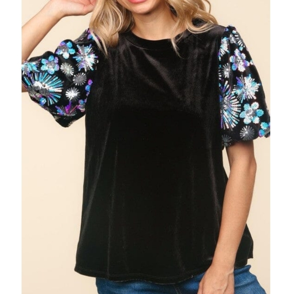 Elegant Black Velvet Blouse with Floral Sequin Sleeves